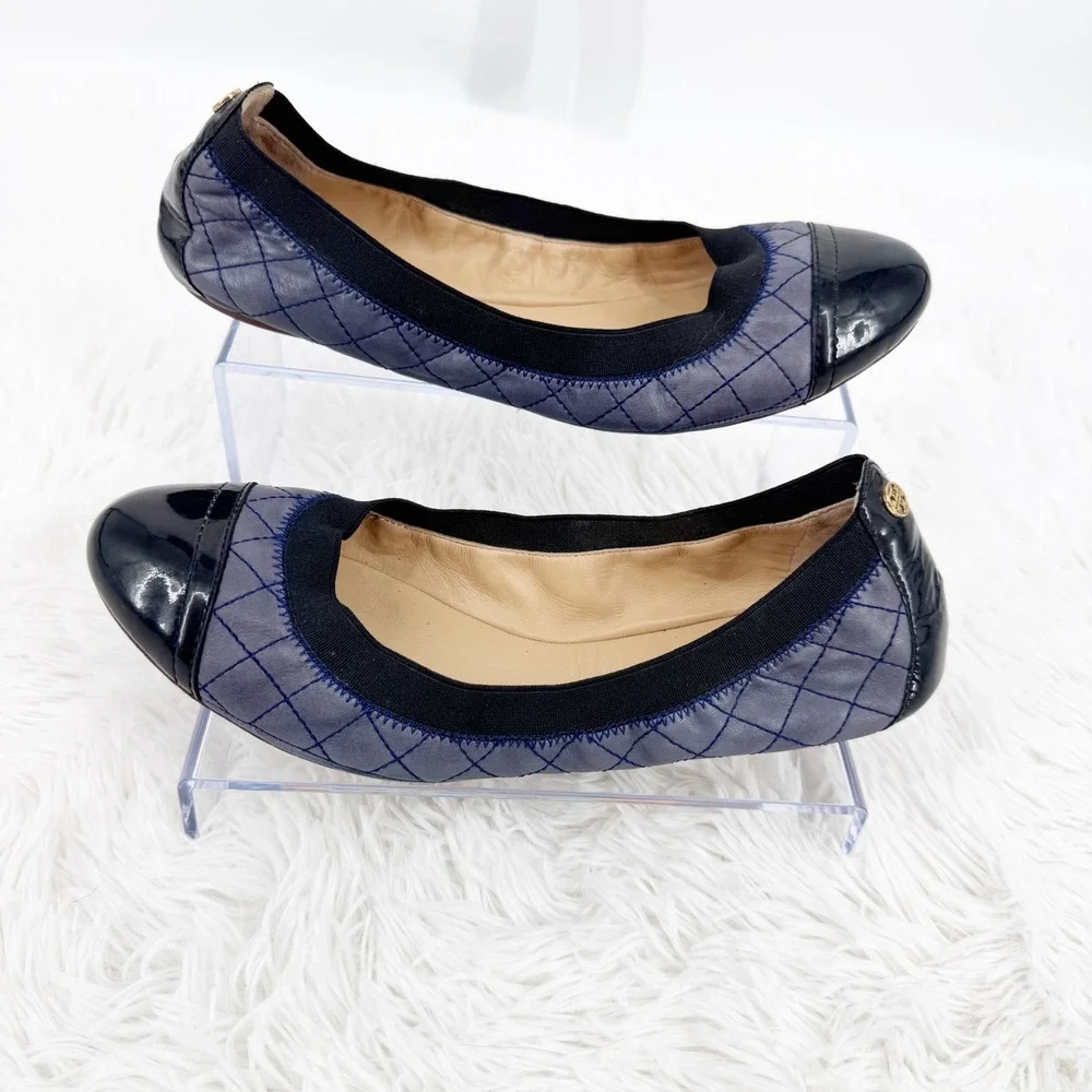 Tory Burch Bridgette Ballet Flats Slate Blue Quilted Patent Cap Toe Size 9M